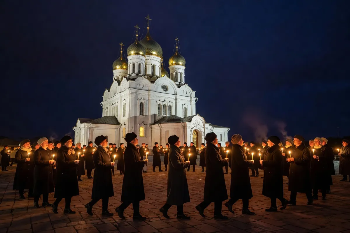 Procession pascale de nuit autour d'une église orthodoxe