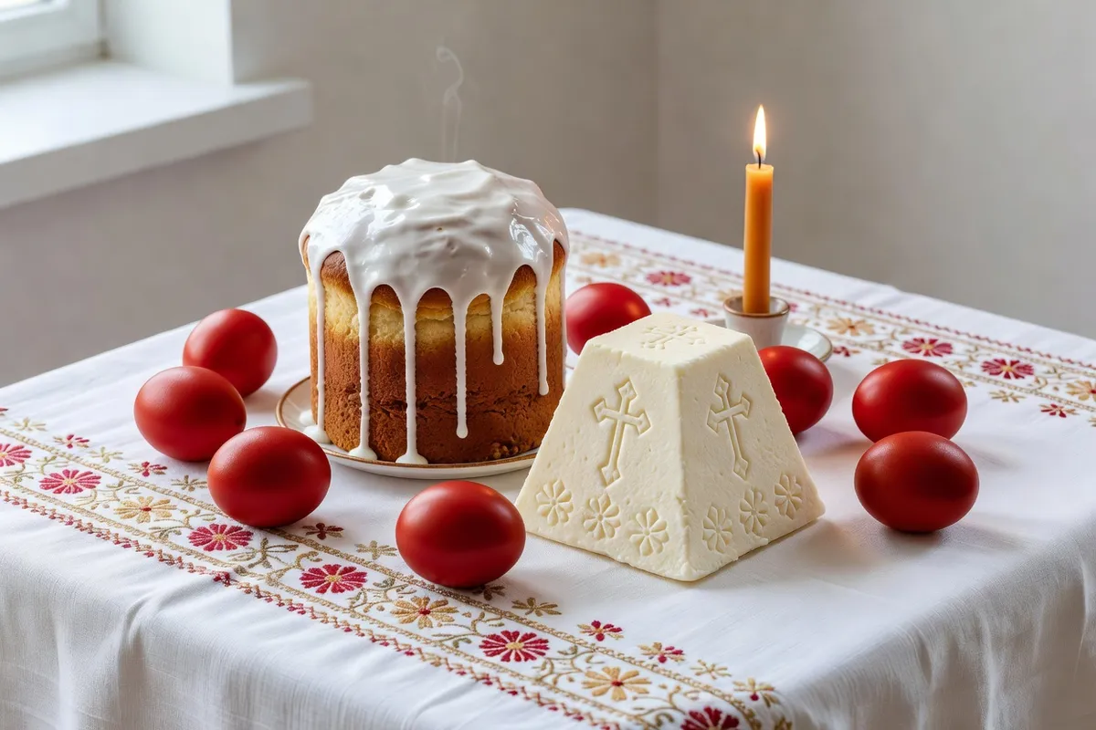 Table pascale avec koulitch, pashka et œufs rouges