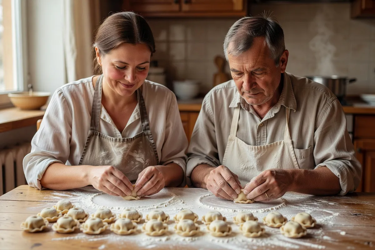 Une famille réunie autour de la table pour la lepka, le façonnage des pelmeni