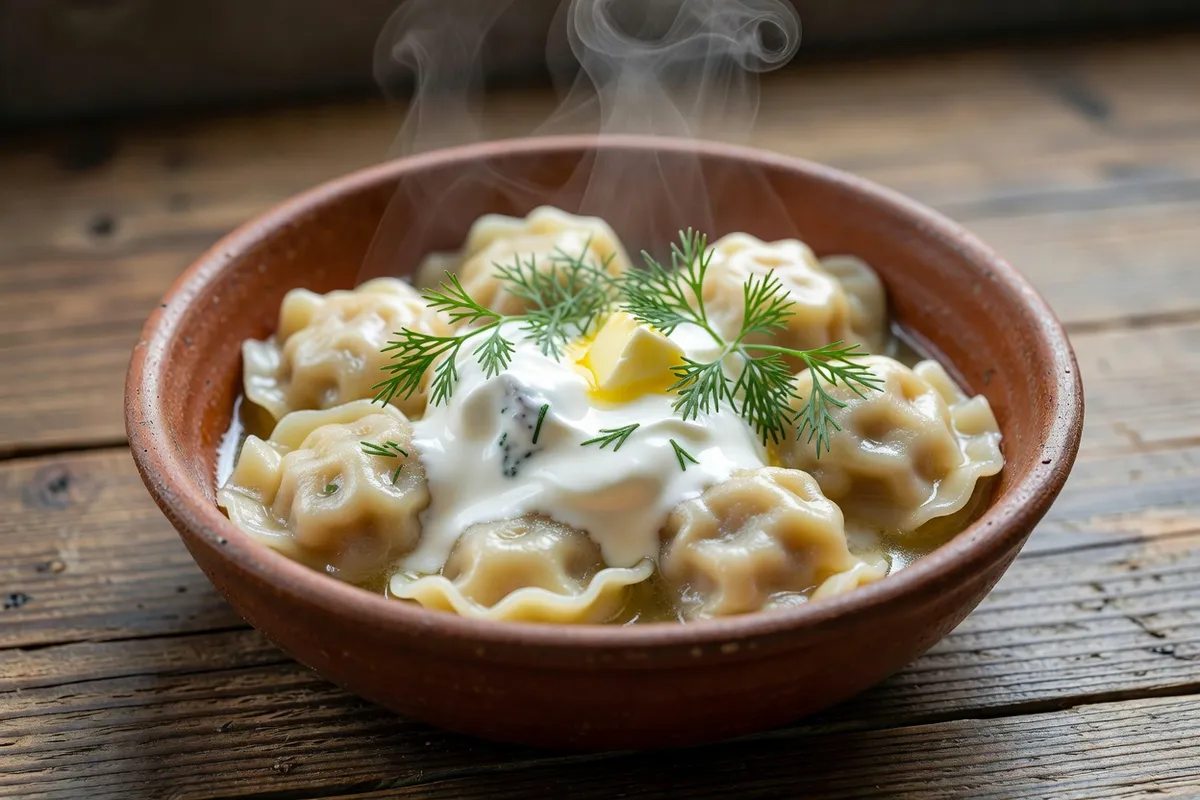 Bol de pelmeni fumants servis avec de la smetana et de l'aneth