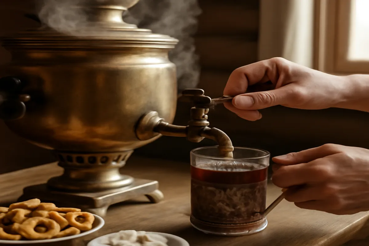 Samovar traditionnel en cuivre poli sur une table dressée pour le thé