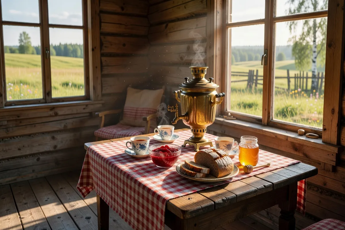 Table de thé russe avec samovar et confitures maison
