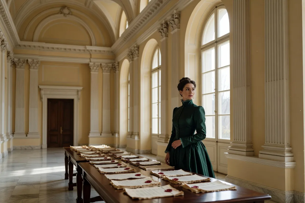 Salle néoclassique aux hautes fenêtres où des documents scellés de cire rouge sont alignés sur une table, évocation du travail des commissions de réforme