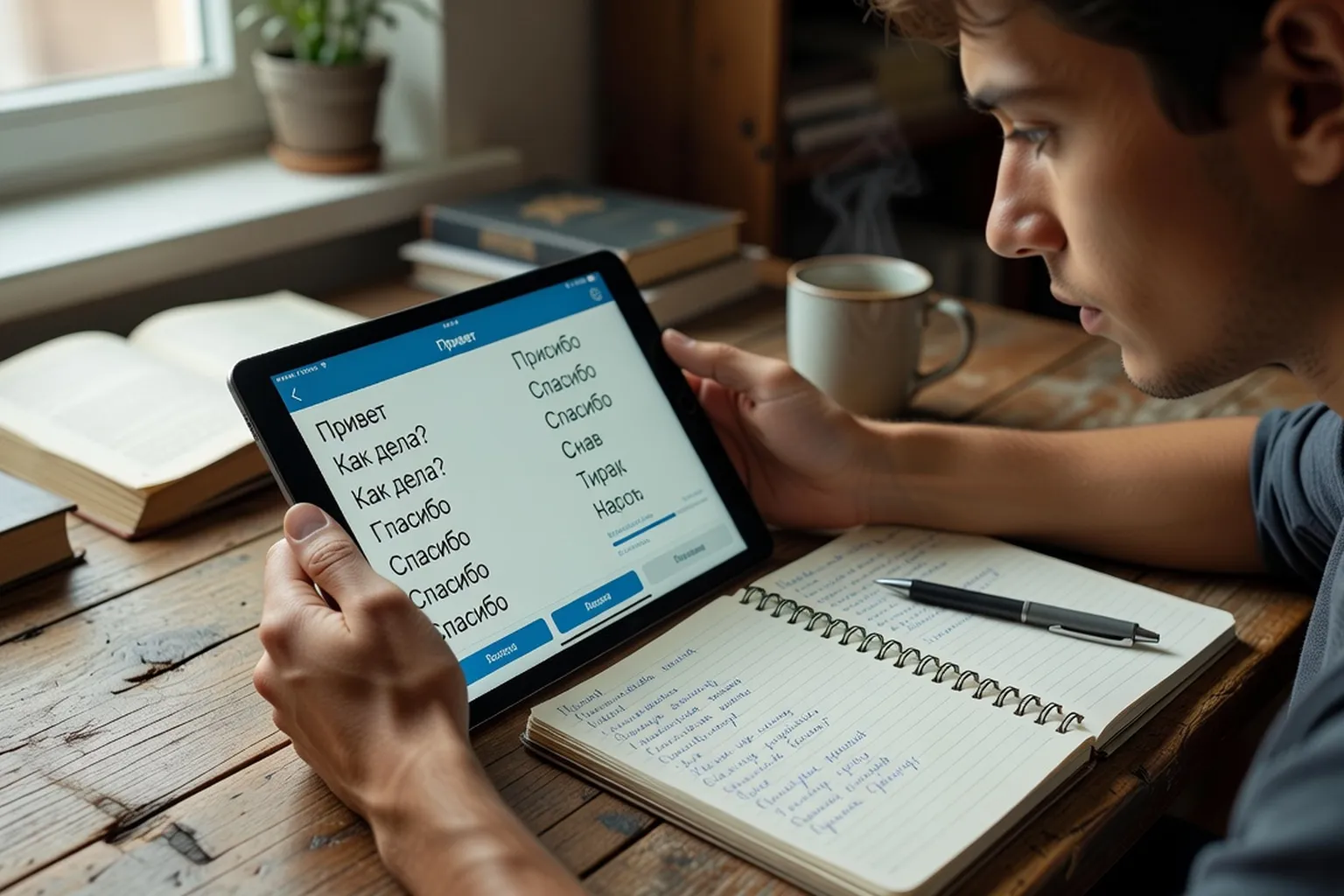 Etudiant utilisant une application d'apprentissage des langues sur tablette