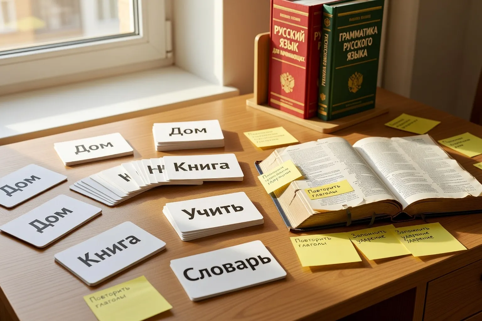 Flashcards et manuels de russe posés sur un bureau