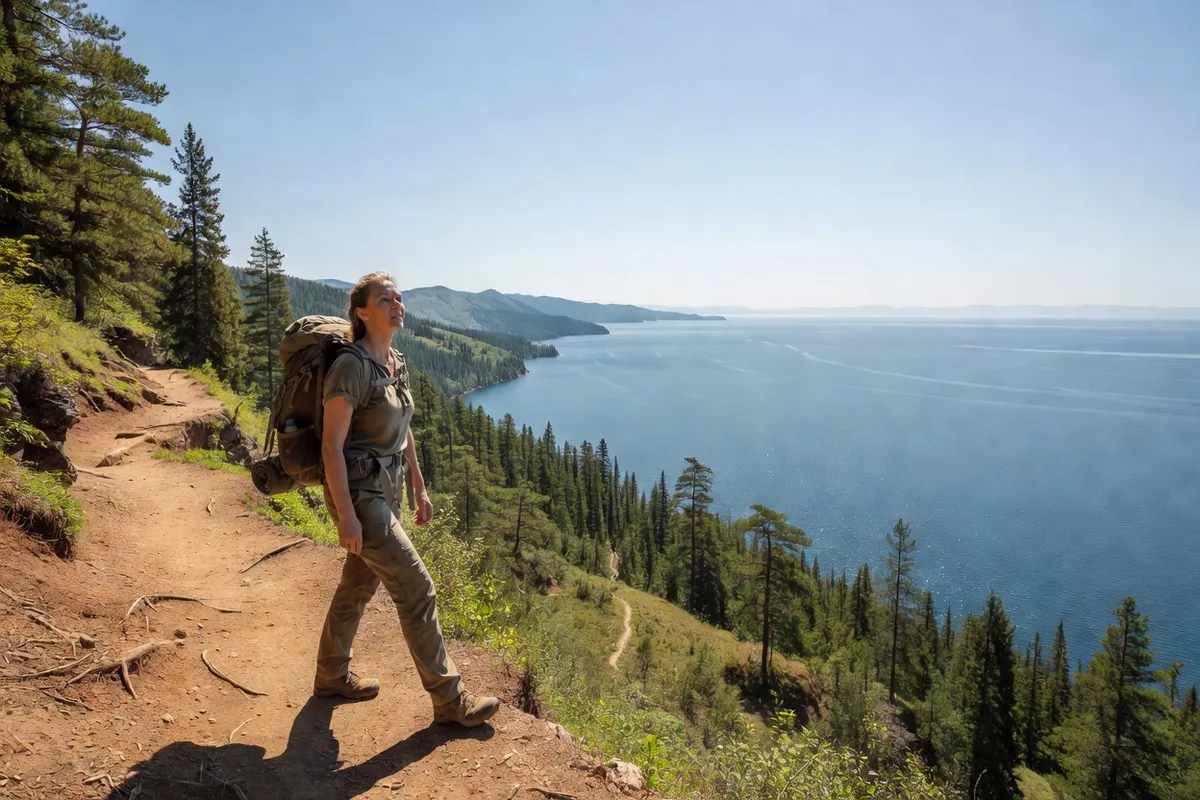 Randonneur sur le Grand Sentier du Baïkal avec vue sur le lac et les collines boisées de Sibérie orientale