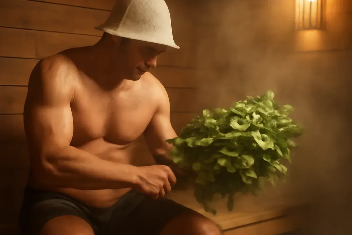 Poêle traditionnel de banya avec pierres chauffées et venik de bouleau frais