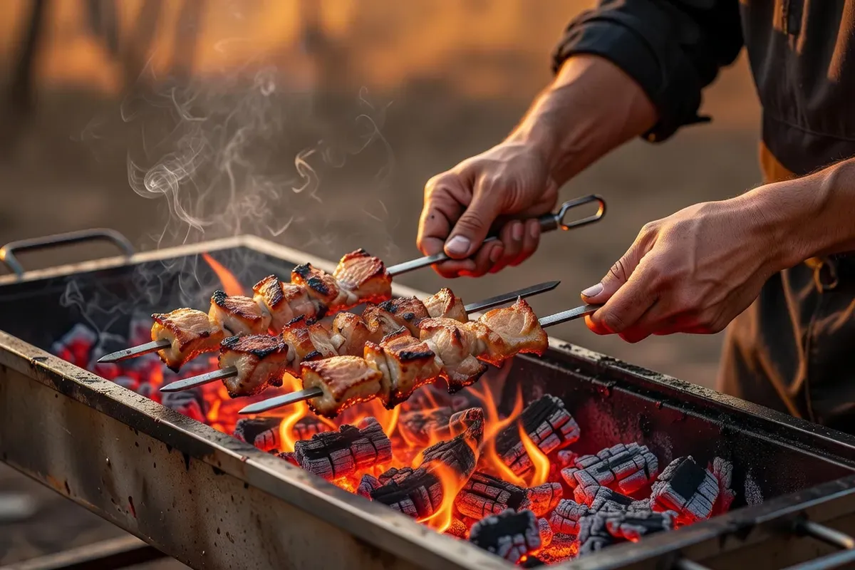Mains retournant des brochettes de porc doré sur un mangal rempli de braises rouges
