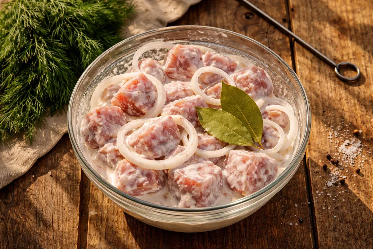 Cubes d'échine de porc enrobés d'oignons émincés et de kéfir dans un saladier en verre, avec feuilles de laurier