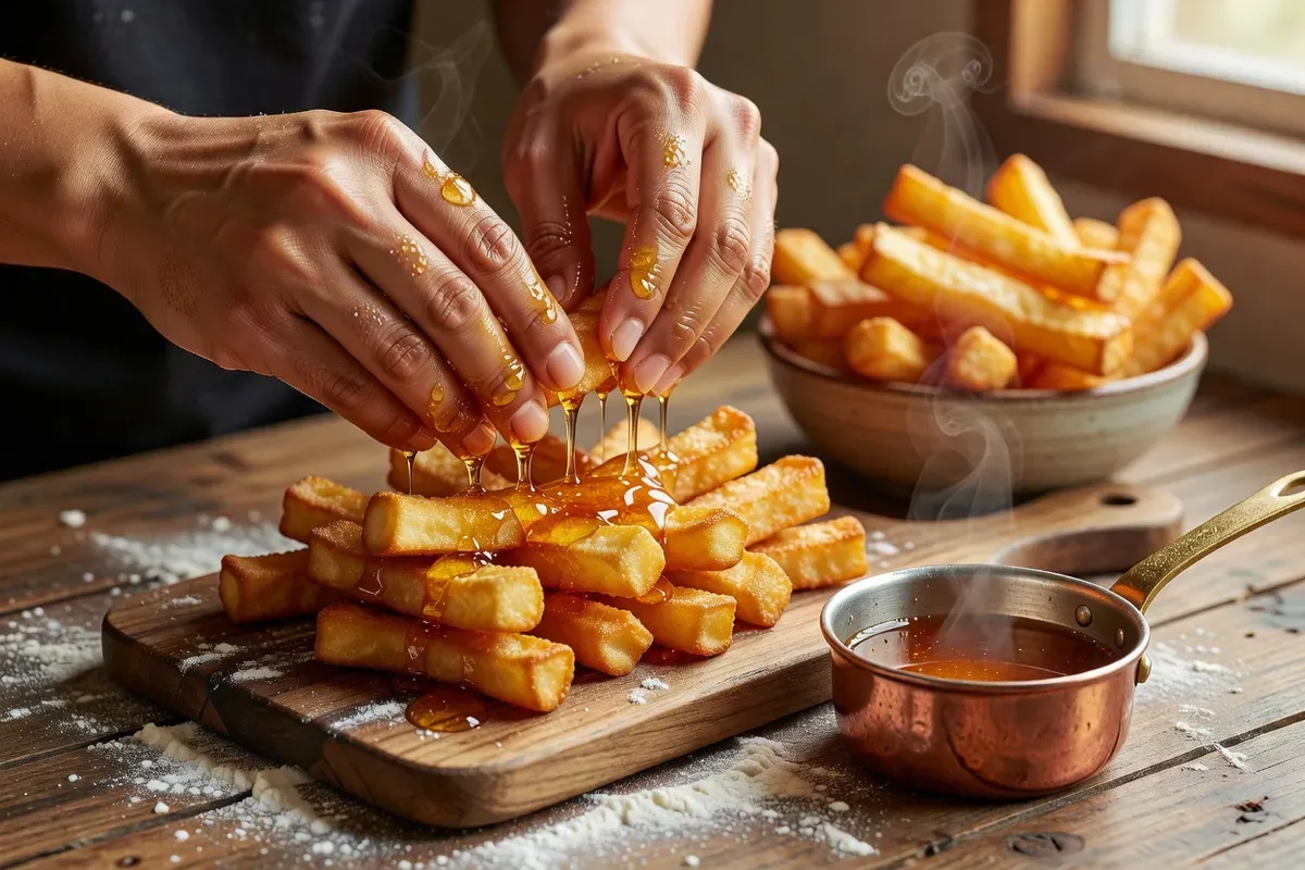 Mains humides façonnant le chak-chak en monticule à côté d'une casserole de sirop de miel