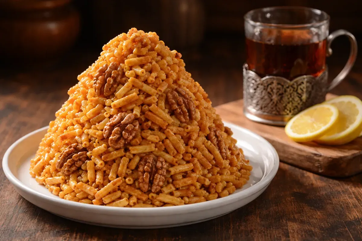 Bâtonnets de pâte frite enrobés de sirop de miel, montés en pyramide de chak-chak