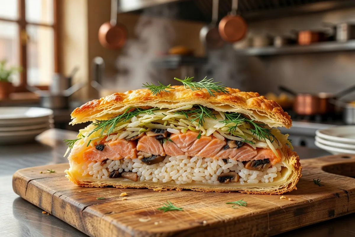 Koulebiak tranché révélant ses couches colorées de saumon, riz aux champignons et chou à l'aneth