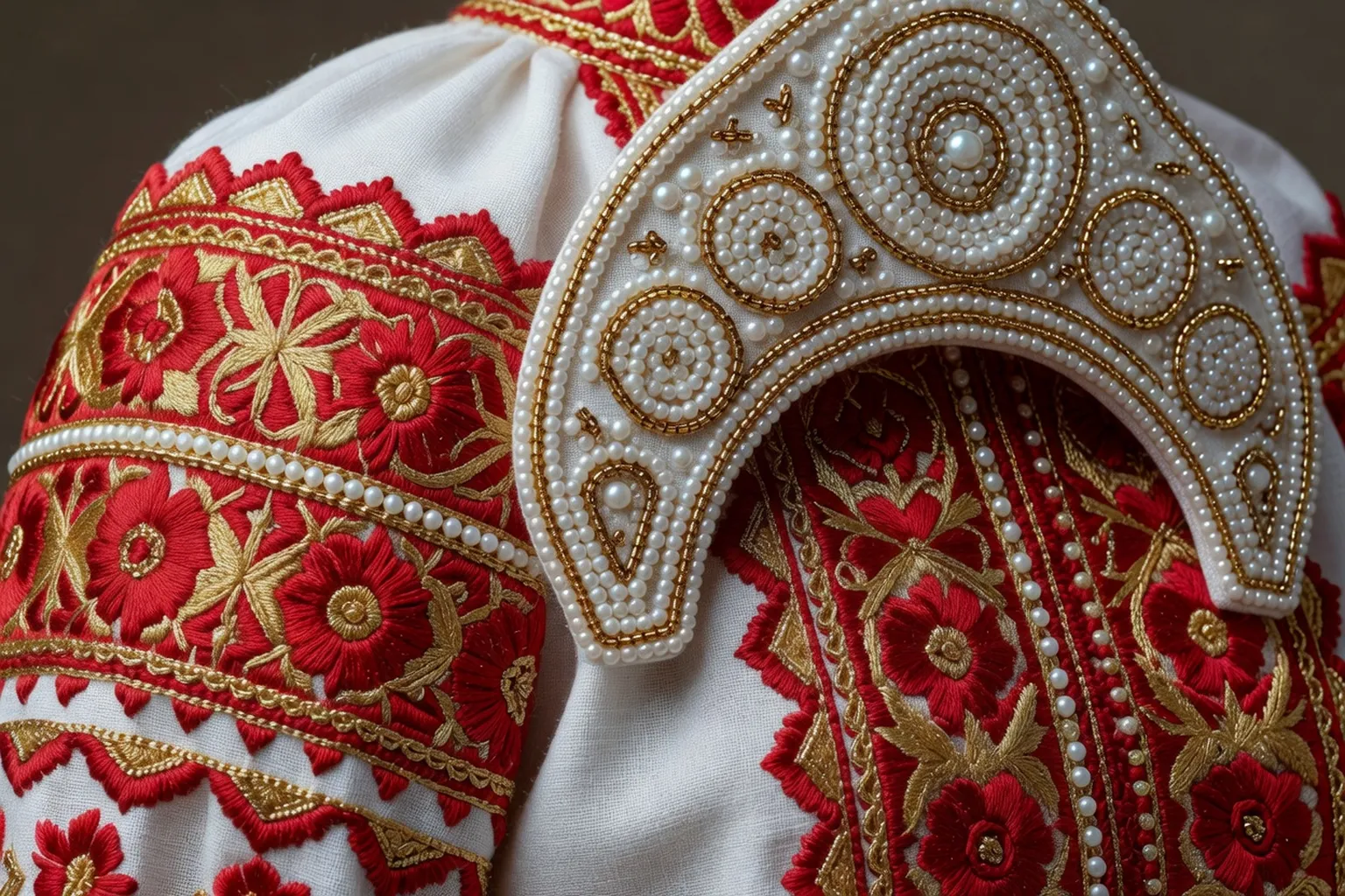 Detail de costumes traditionnels russes brodes, sarafane et kokochnik