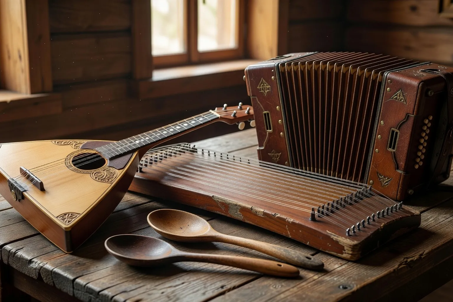 Instruments de musique folklorique russe : balalaika et gousli