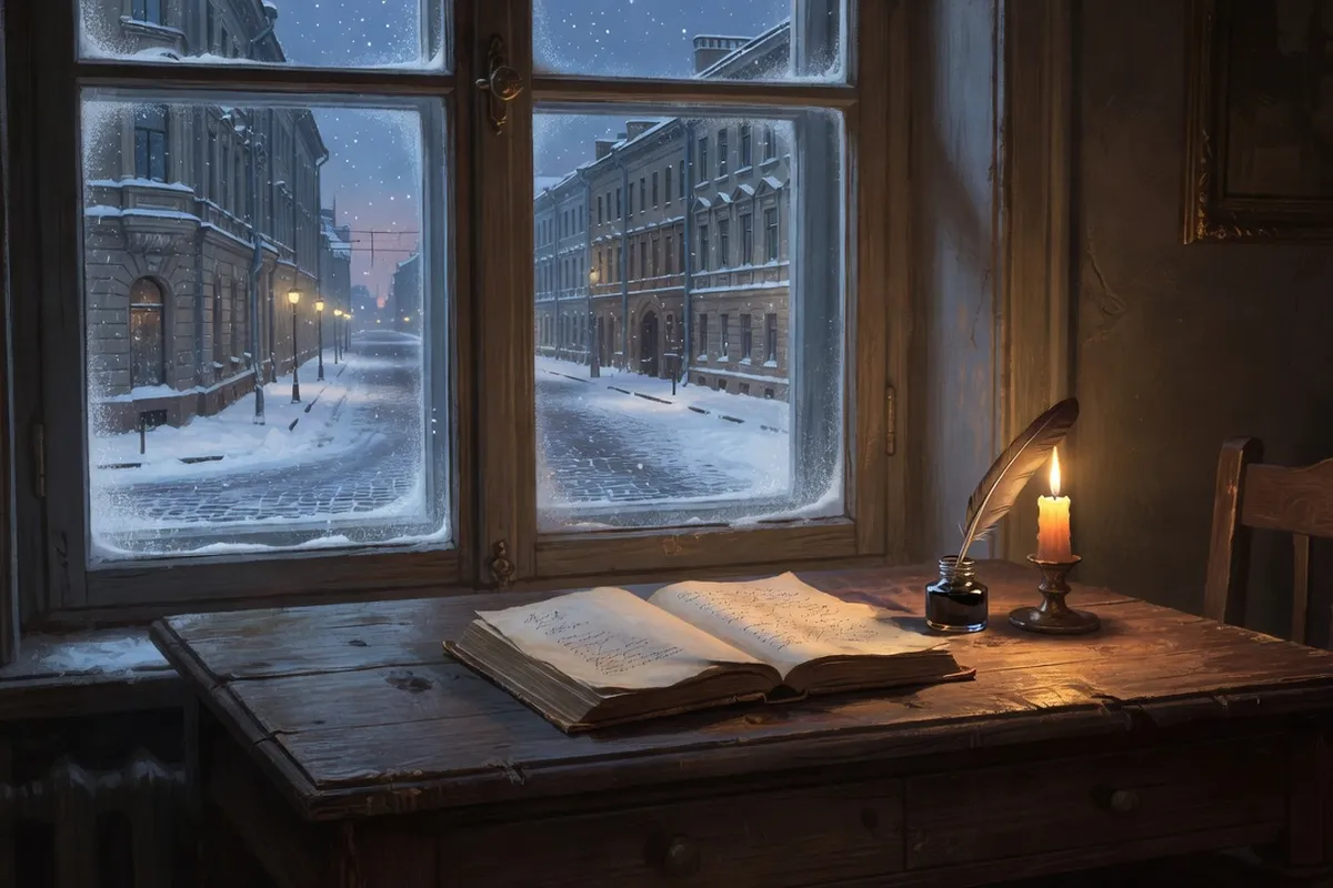 Bureau d'écrivain russe du XIXe siècle avec plume et livre ancien