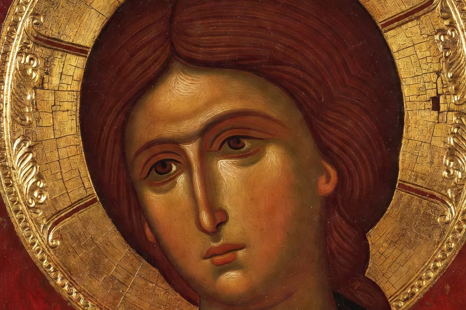 Icone orthodoxe russe ancienne, detail des rehauts d'or et du visage