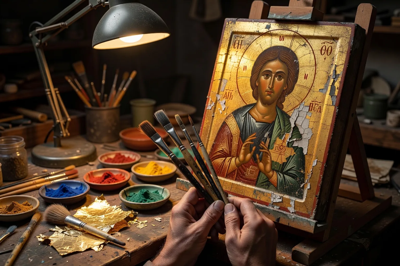 Atelier de restauration d'icones : pinceaux, pigments et feuille d'or