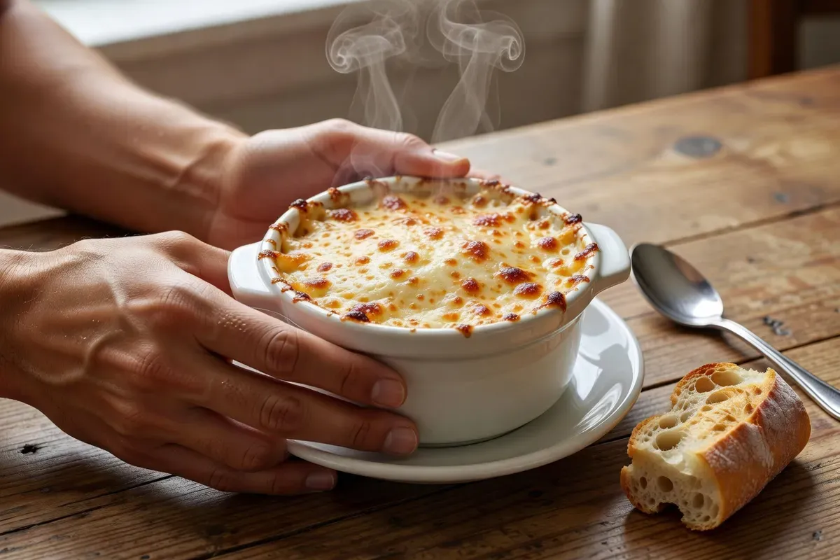 Mains tenant une petite cocotte de julienne russe gratinée, croûte de fromage dorée et bouillonnante