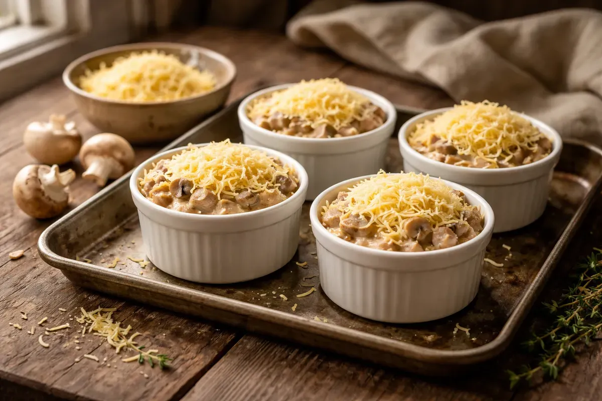 Julienne russe prête à gratiner : mélange de poulet et de champignons à la crème sous une couche de fromage râpé, en cocotte