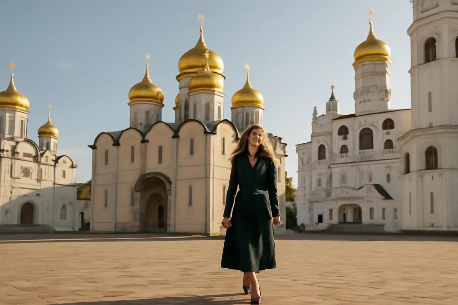 Promenade sur une place dallée entourée d'églises blanches aux coupoles dorées, évocation de la place des Cathédrales du Kremlin