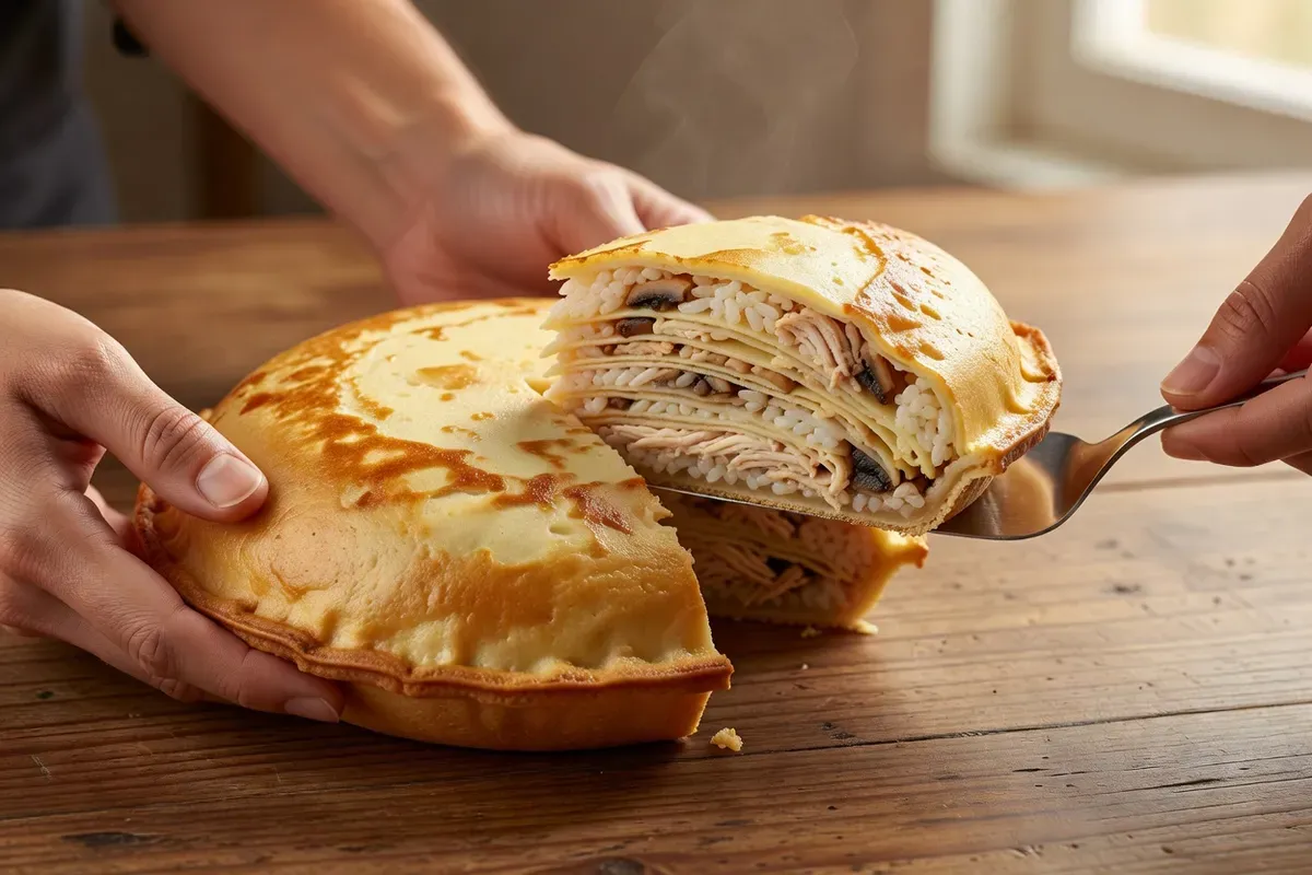 Mains découpant une part de tourte en dôme, révélant les couches de crêpes, de riz, de poulet et de champignons