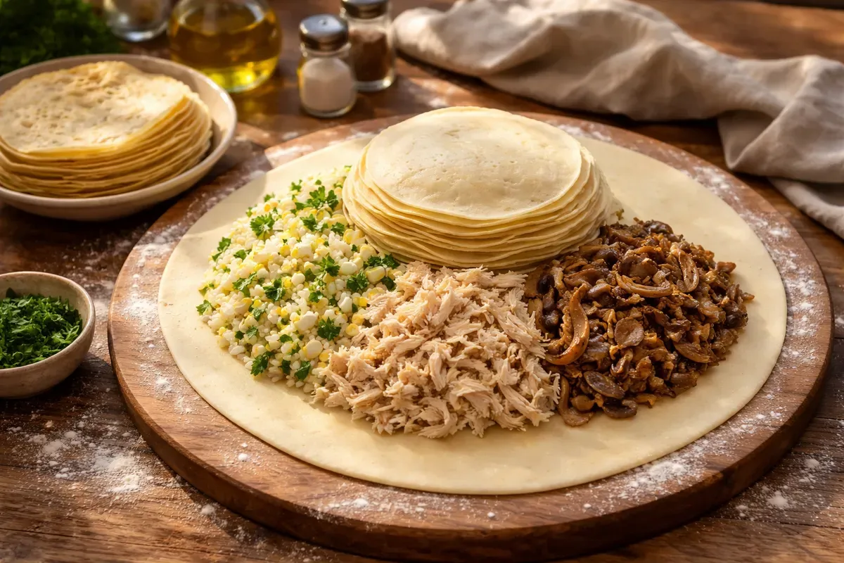 Couches de crêpes, de riz et de poulet haché empilées en dôme sur un disque de pâte