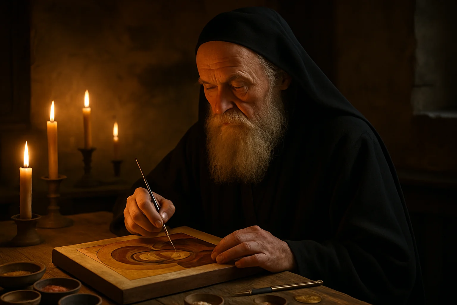 Moine iconographe peignant une icône orthodoxe à la tempera dans un atelier de monastère, brosses et pigments sur une table en bois