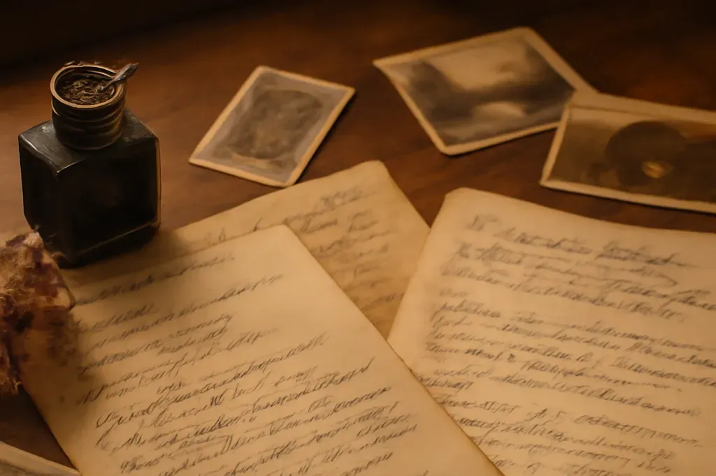 Bureau d’écriture ancien avec manuscrits de poésie russe, encrier et photographies anciennes
