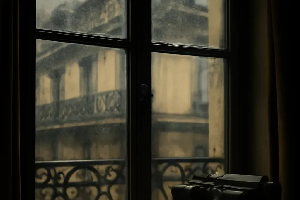 Fenêtre d’un appartement parisien des années 1920 sous la pluie, ambiance d’exil