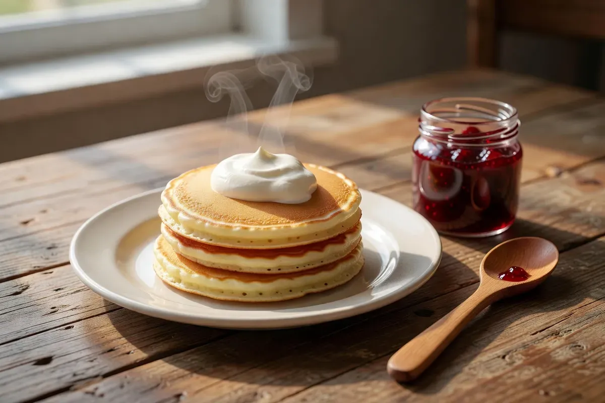 Pile de petites crêpes dorées nappées de smetana, avec un pot de confiture de cerises et une cuillère en bois