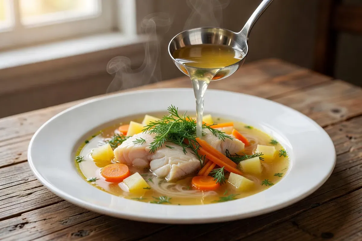 Louche versant un bouillon de poisson doré dans une assiette creuse, avec tronçons de poisson et aneth