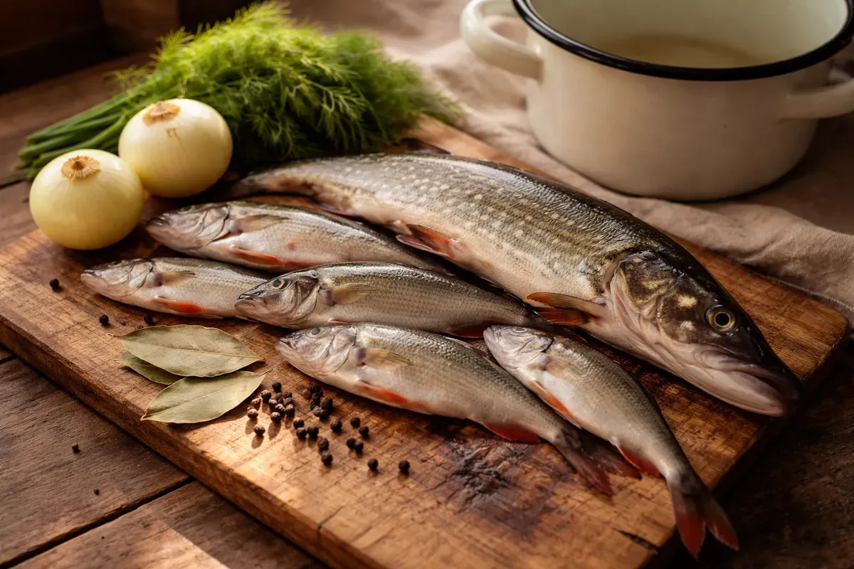 Brochet, perchettes, oignons, laurier et aneth posés sur une planche en bois avant la cuisson de l'oukha