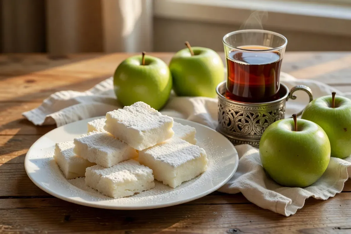 Morceaux de pastila blanche poudrés de sucre glace, empilés sur une assiette en porcelaine à côté d'un verre de thé