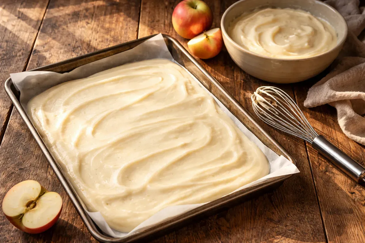 Mousse de pommes fouettée, pâle et volumineuse, étalée en couche régulière sur du papier cuisson