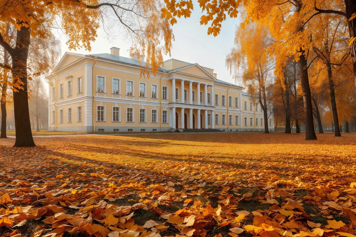 Le lycée impérial de Tsarskoïe Selo entouré d'un parc en automne