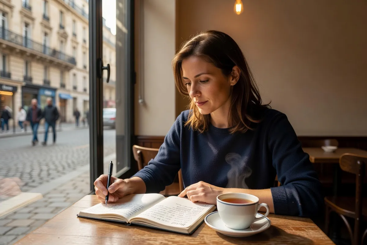 Apprenante révisant son russe dans un café parisien