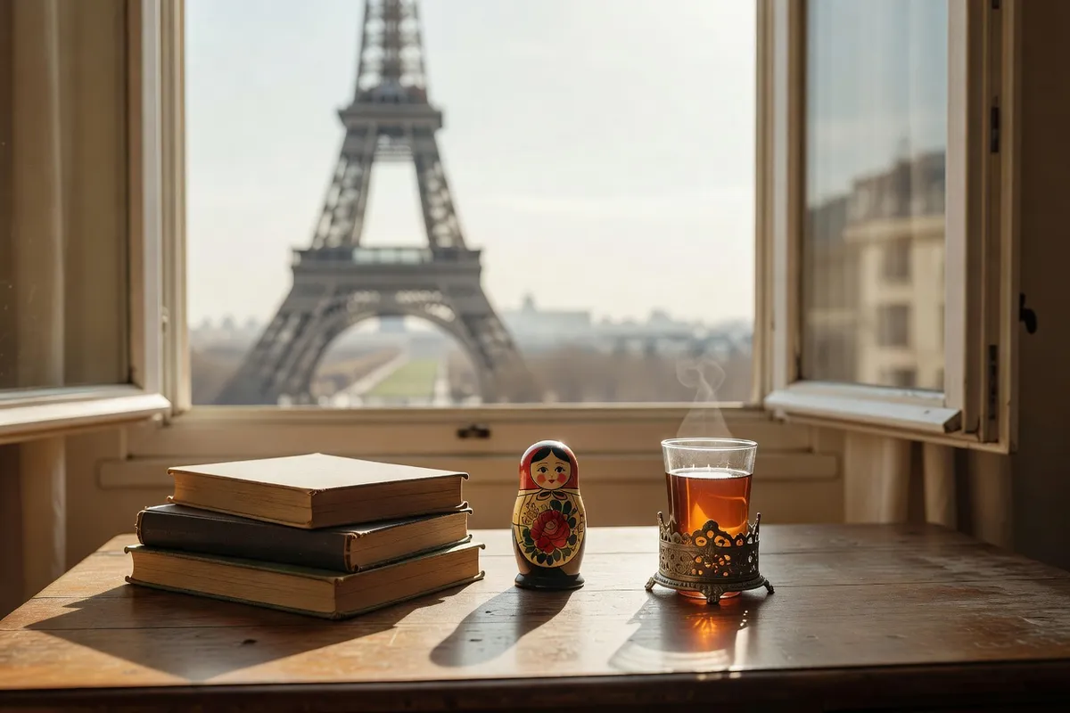 Livres de russe et matriochka sur un bureau avec vue sur Paris