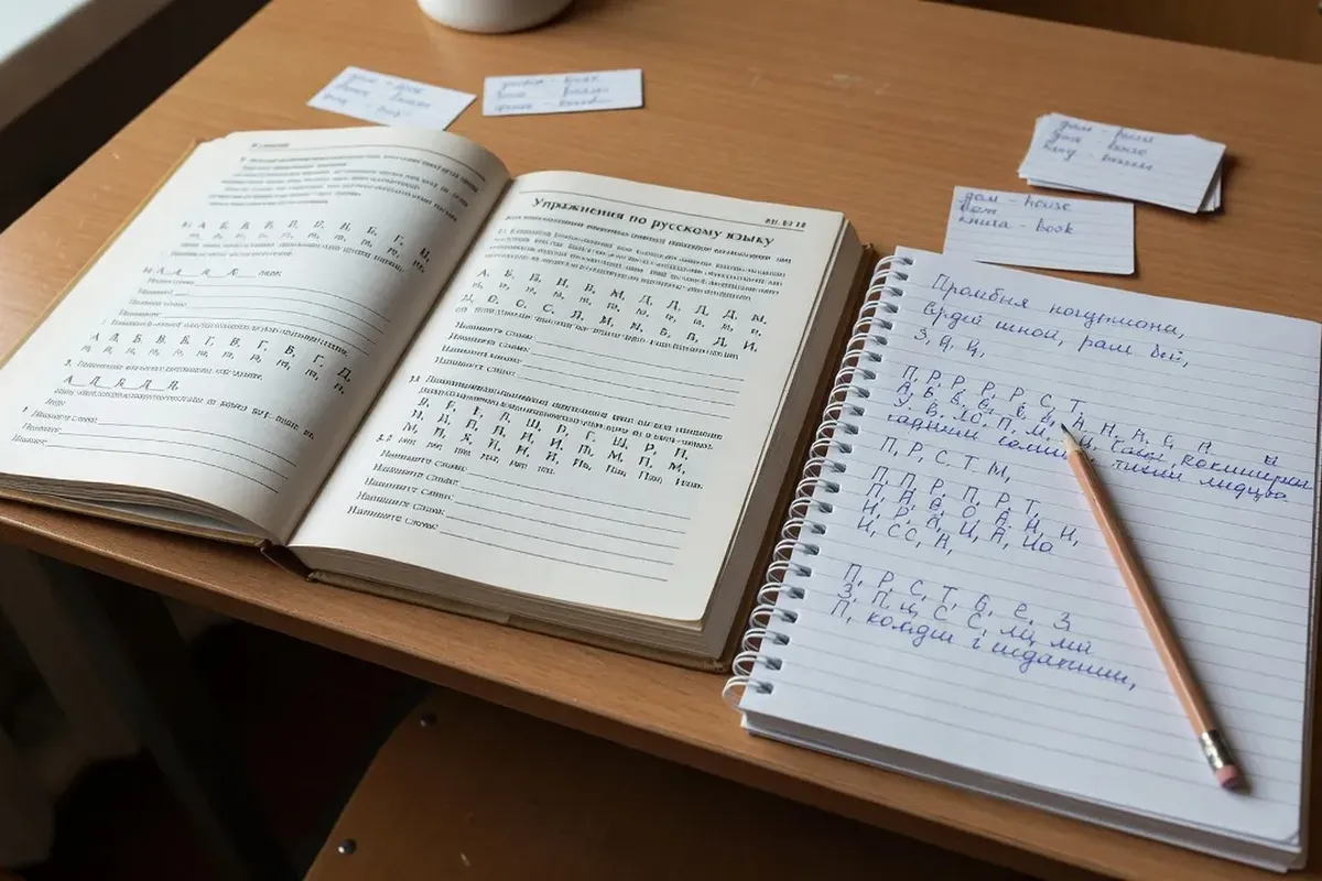Cahier d'exercices de russe avec l'alphabet cyrillique et conjugaisons, sur un bureau avec dictionnaire bilingue