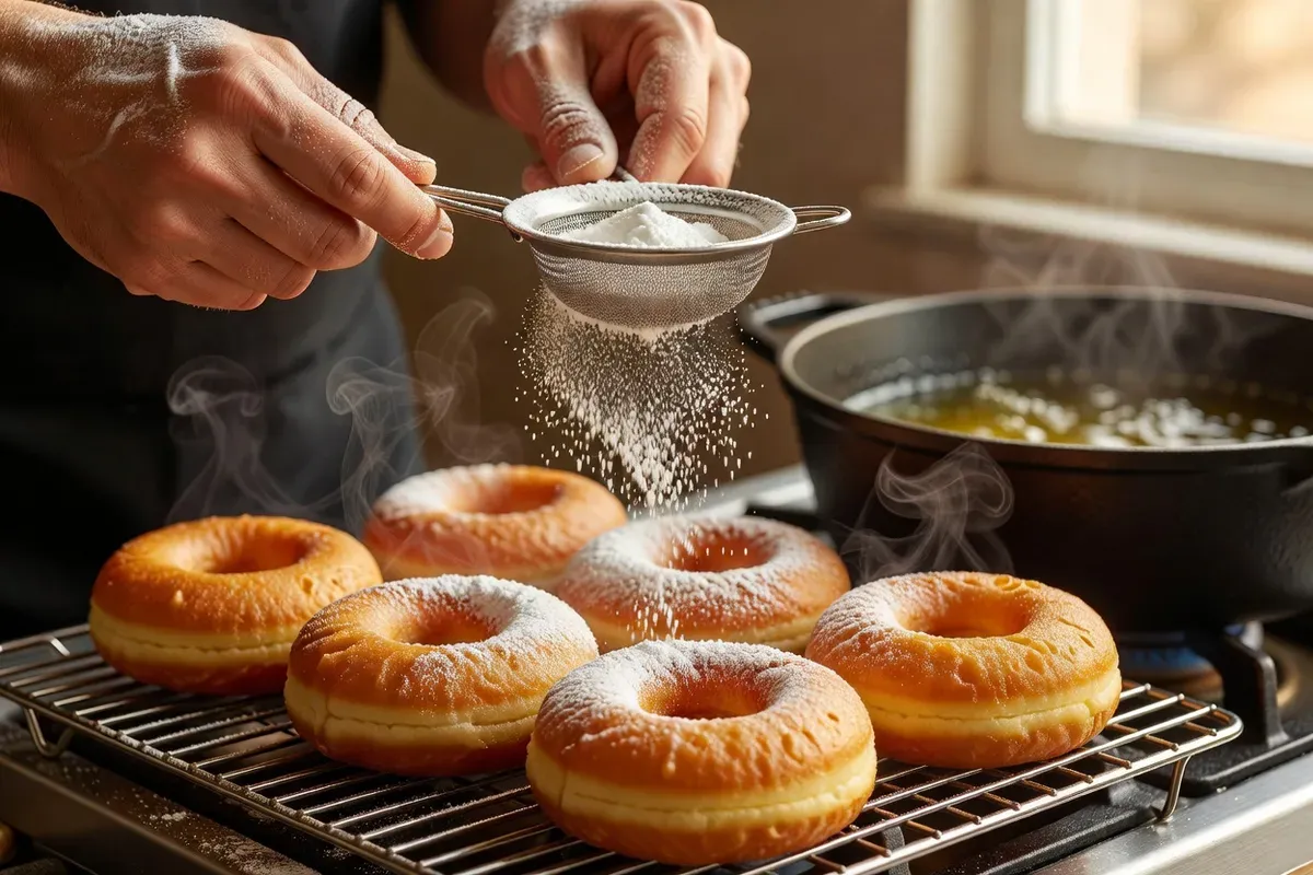 Mains saupoudrant de sucre glace des beignets en anneau tout juste frits posés sur une grille