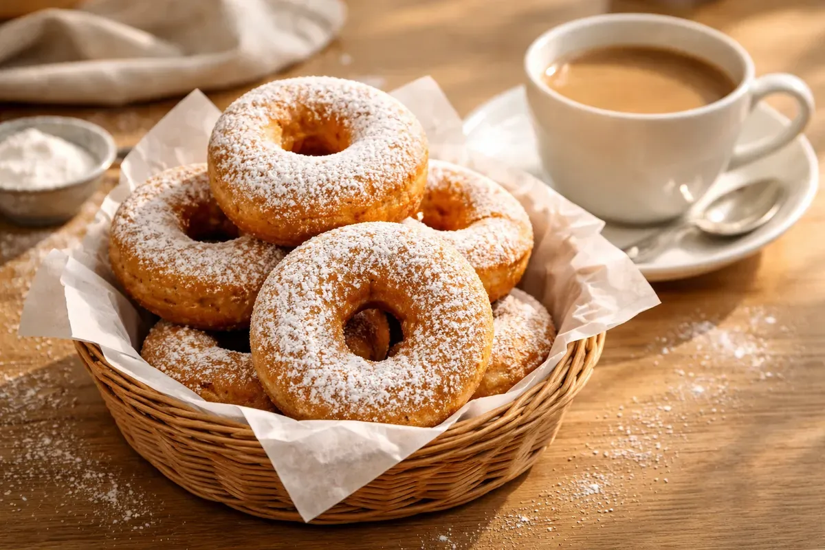 Pychki empilés en anneaux dorés saupoudrés de sucre glace, avec une tasse de café au lait