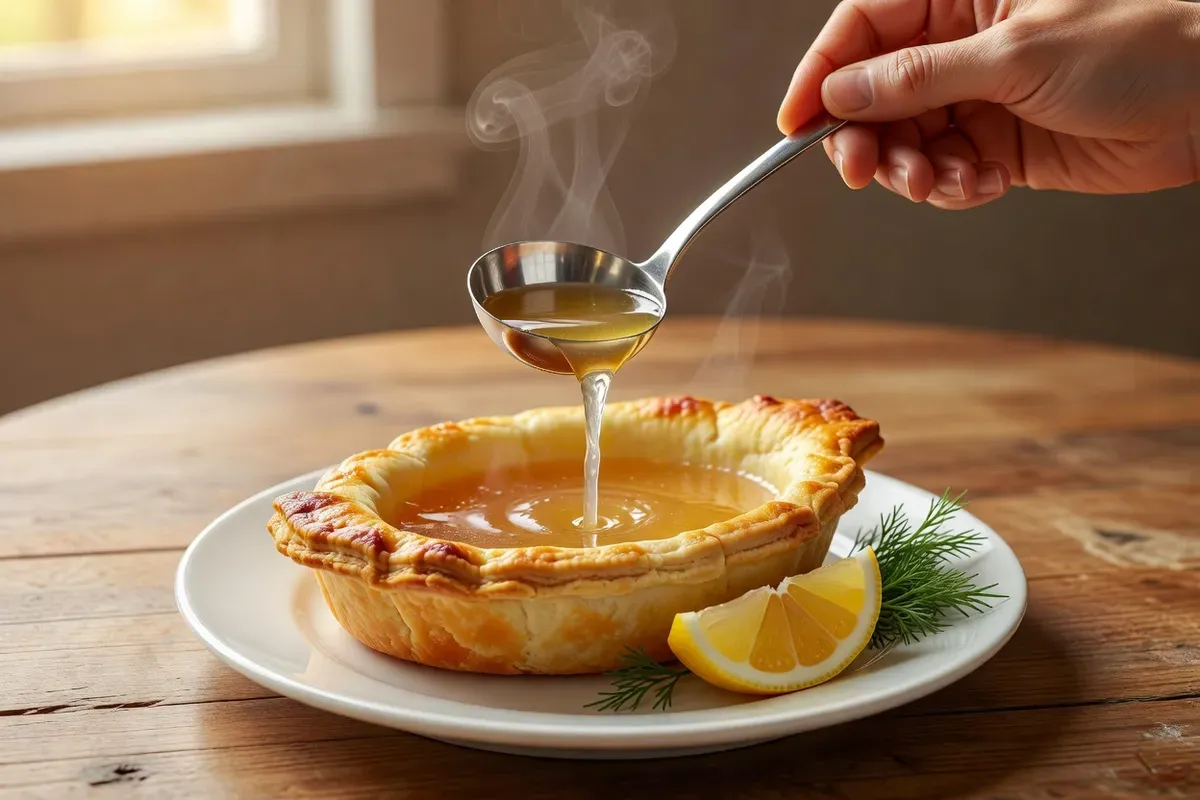 Mains versant du bouillon chaud dans l'ouverture d'un rasstegaï doré