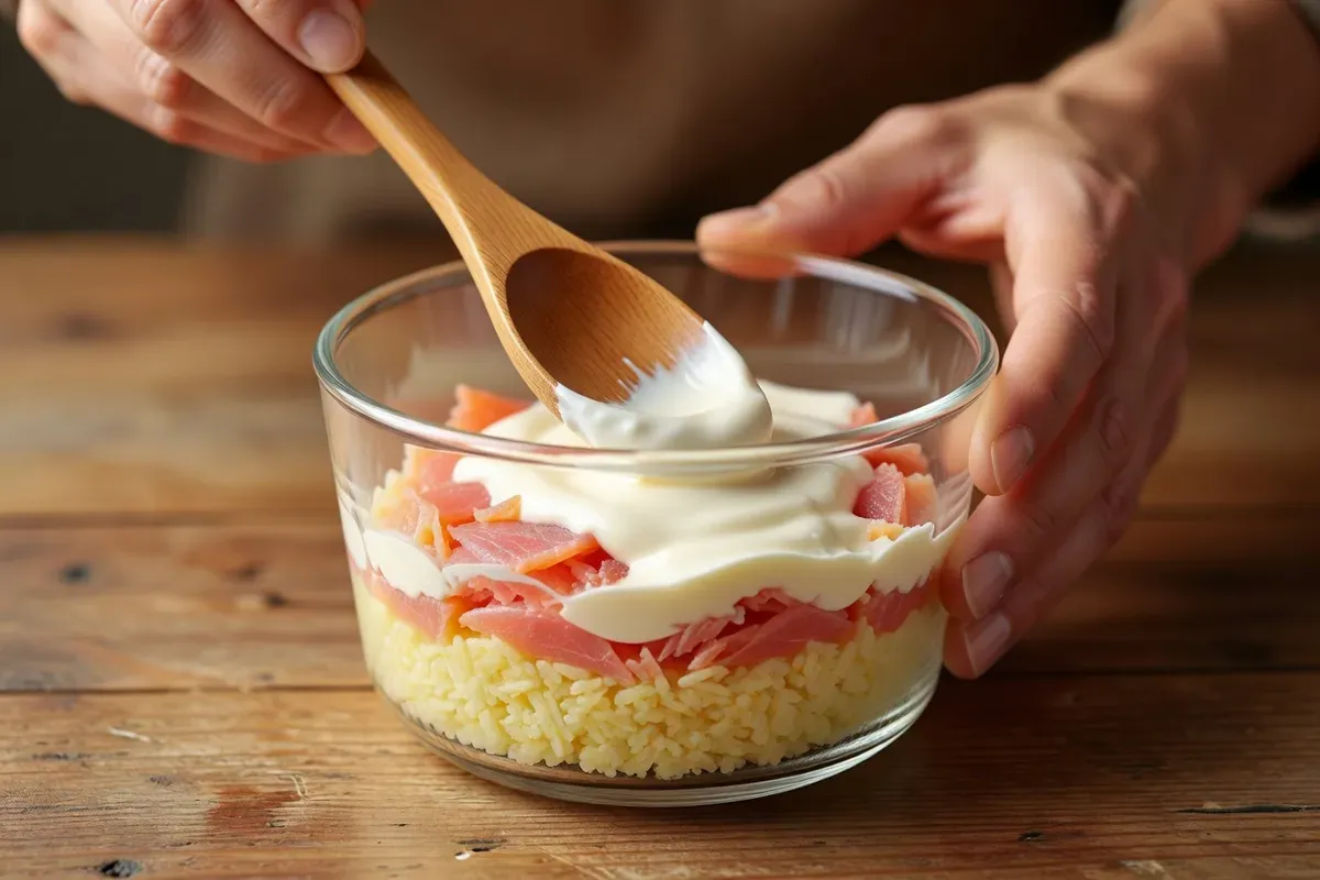 Mains déposant à la cuillère une couche de mayonnaise sur des couches de pommes de terre et de poisson dans un saladier en verre