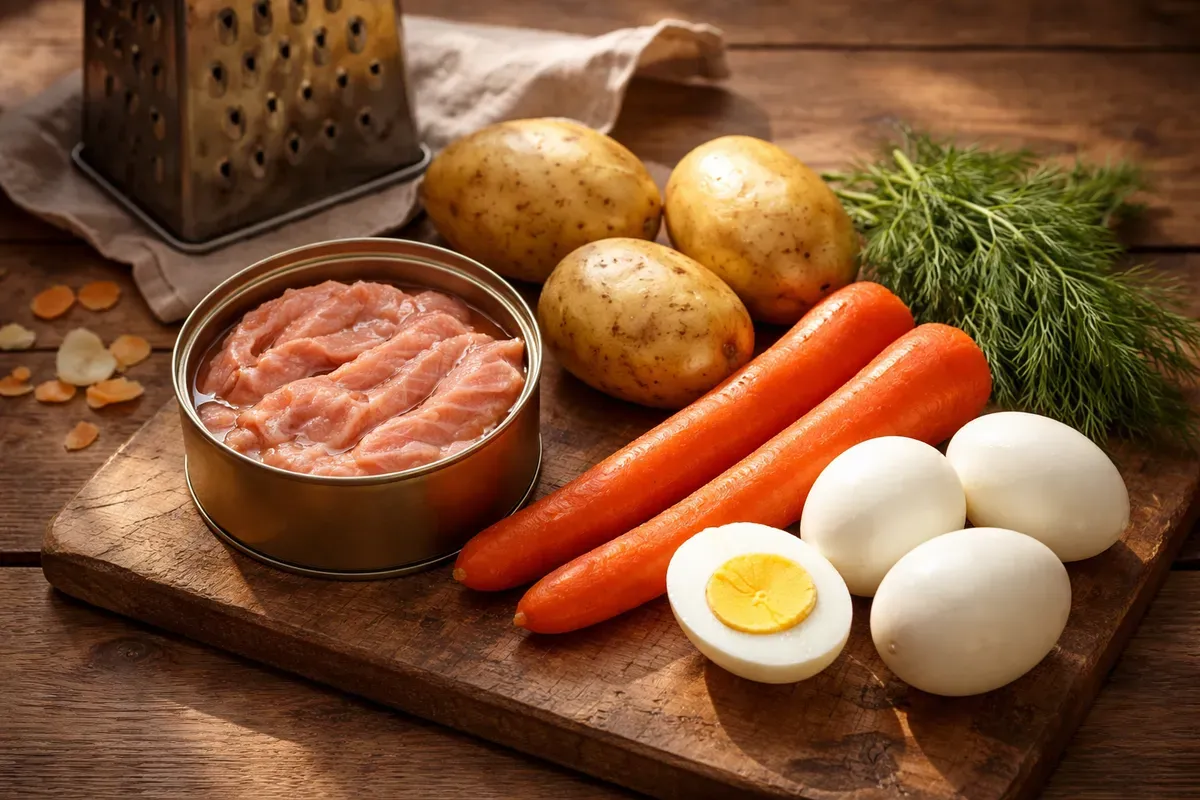 Boîte de poisson en conserve ouverte à côté de pommes de terre, carottes et œufs durs prêts à être râpés