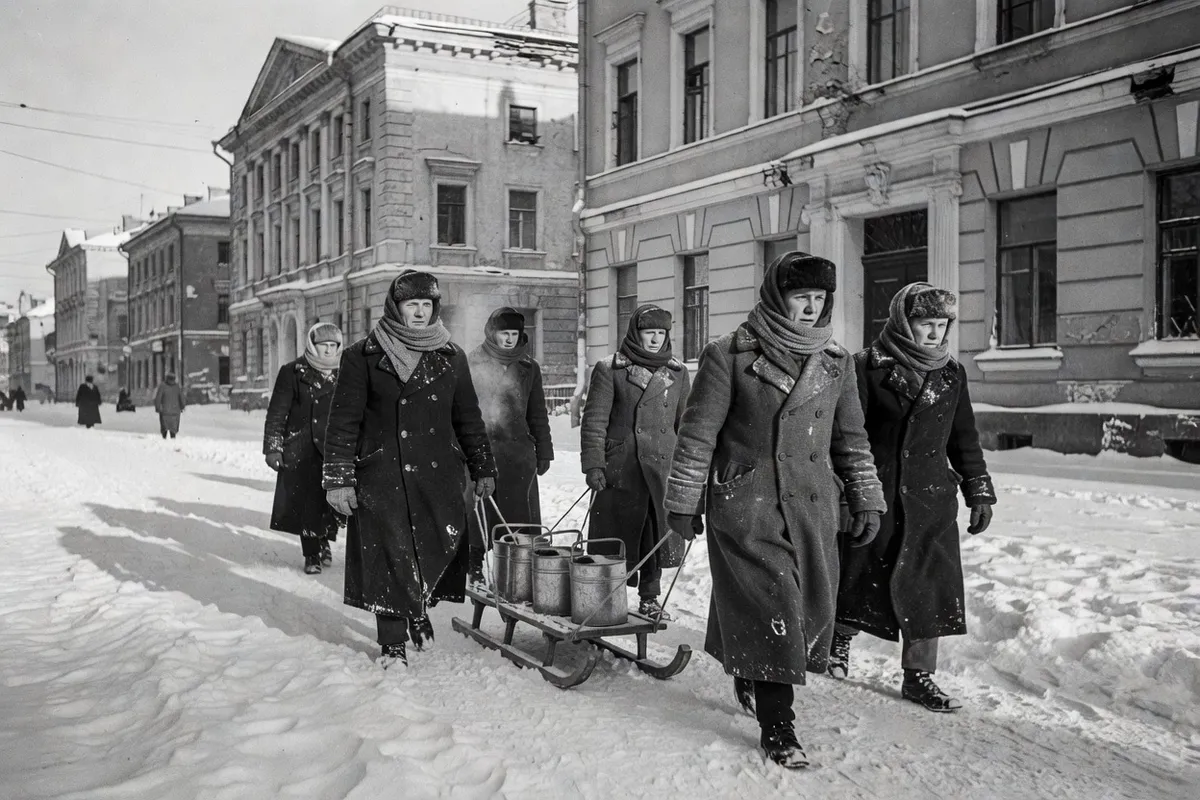 Rue enneigée de Leningrad en hiver, passants tirant un traîneau chargé d'eau