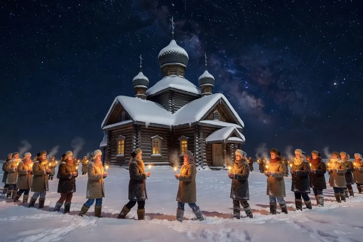Vigile de Noël orthodoxe dans une église russe décorée de cierges et d'icônes