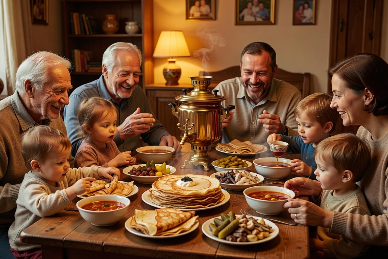 Famille franco-russe partageant un repas traditionnel autour de la table