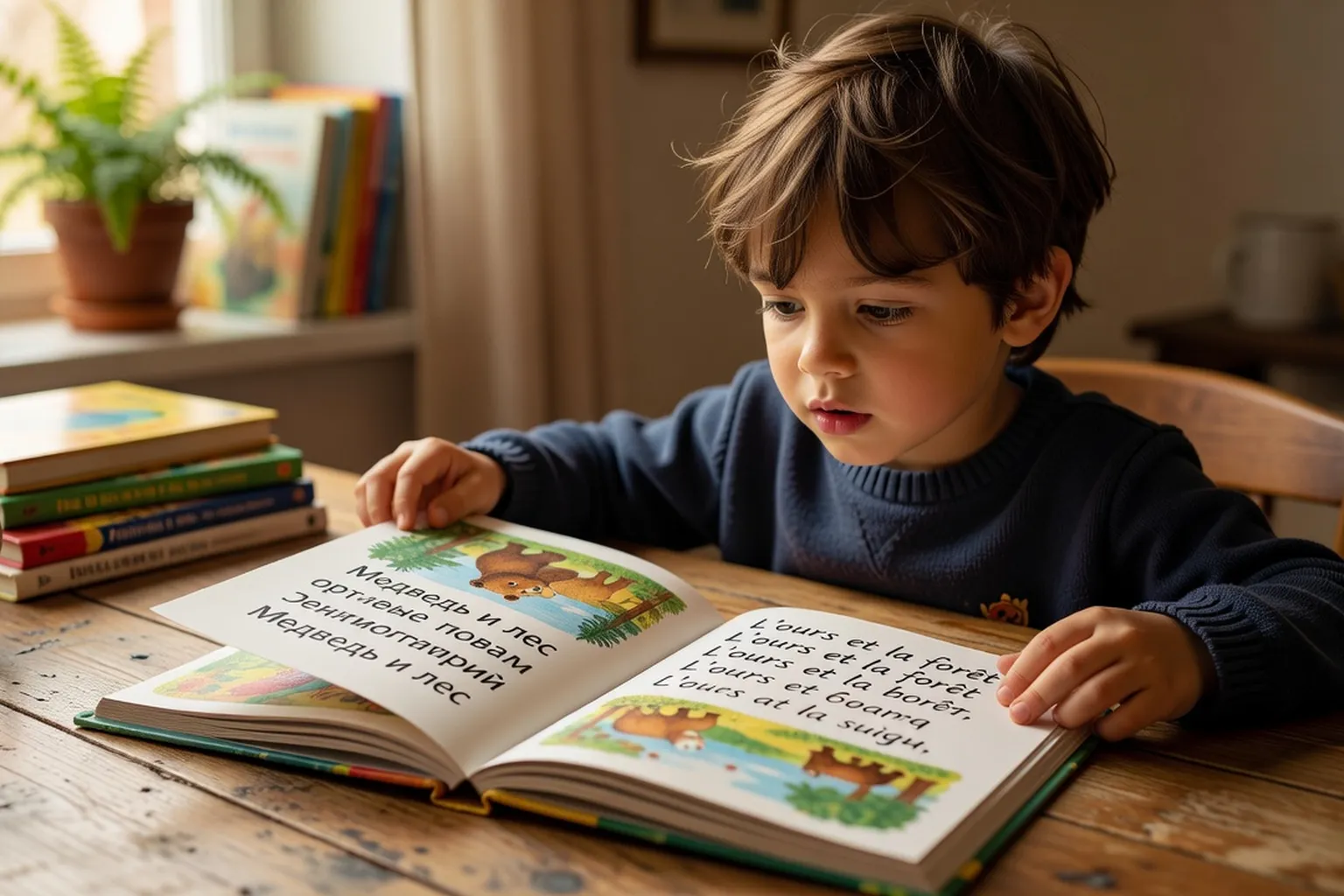 Enfant lisant un livre bilingue francais-russe avec alphabet cyrillique