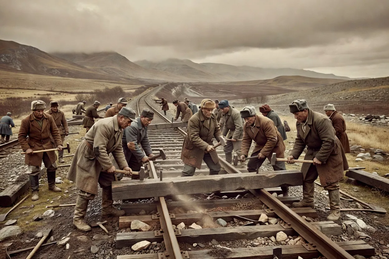 Ouvriers posant les rails du Transsibérien à travers un relief accidenté dans les années 1890