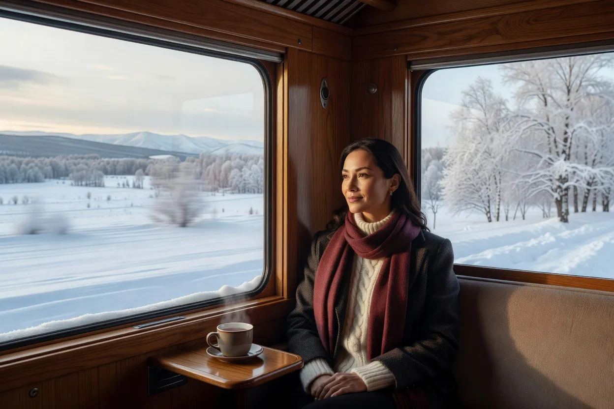 Voyageuse installée dans un compartiment kupé du Transsibérien, regardant le paysage sibérien enneigé