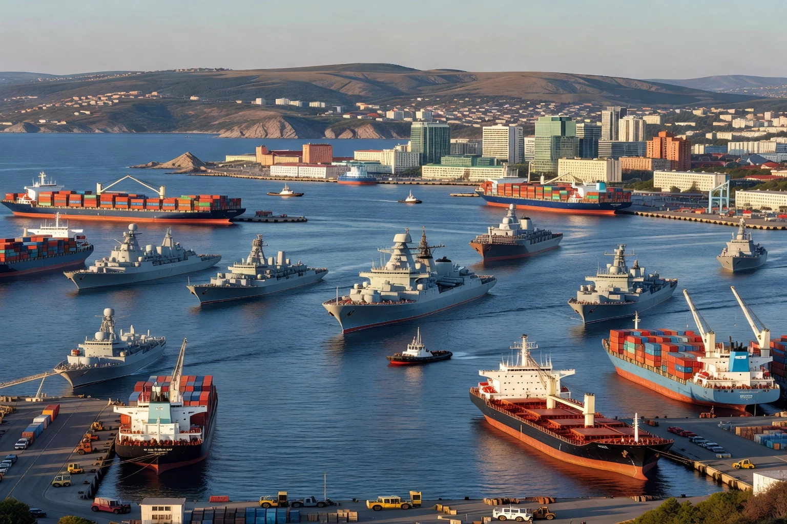 Port de Vladivostok avec ses navires, grues et entrepôts le long de la baie